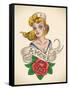 Old-School Navy Tattoo of a Pinup Lady with a Red Rose. Raster Image (Check My Portfolio for Option-Arty-Framed Stretched Canvas