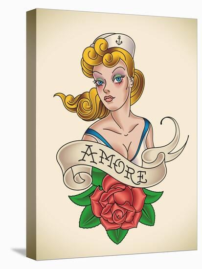 Old-School Navy Tattoo of a Pinup Lady with a Red Rose. Raster Image (Check My Portfolio for Option-Arty-Stretched Canvas
