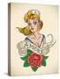 Old-School Navy Tattoo of a Pinup Lady with a Red Rose. Raster Image (Check My Portfolio for Option-Arty-Stretched Canvas