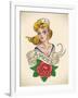 Old-School Navy Tattoo of a Pinup Lady with a Red Rose. Raster Image (Check My Portfolio for Option-Arty-Framed Art Print