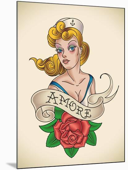 Old-School Navy Tattoo of a Pinup Lady with a Red Rose. Raster Image (Check My Portfolio for Option-Arty-Mounted Art Print