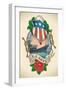 Old-School US NAVY Tattoo of a Star Striped Shield, Battleship, Banner and Rose. Raster Image (Chec-Arty-Framed Art Print