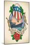 Old-School US NAVY Tattoo of a Star Striped Shield, Battleship, Banner and Rose. Raster Image (Chec-Arty-Mounted Art Print