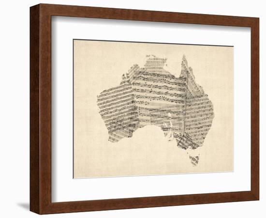 Old Sheet Music Map of Australia Map-Michael Tompsett-Framed Art Print