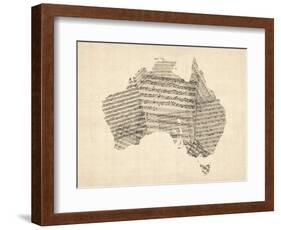 Old Sheet Music Map of Australia Map-Michael Tompsett-Framed Art Print