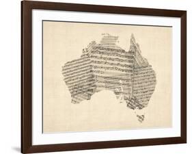 Old Sheet Music Map of Australia Map-Michael Tompsett-Framed Art Print