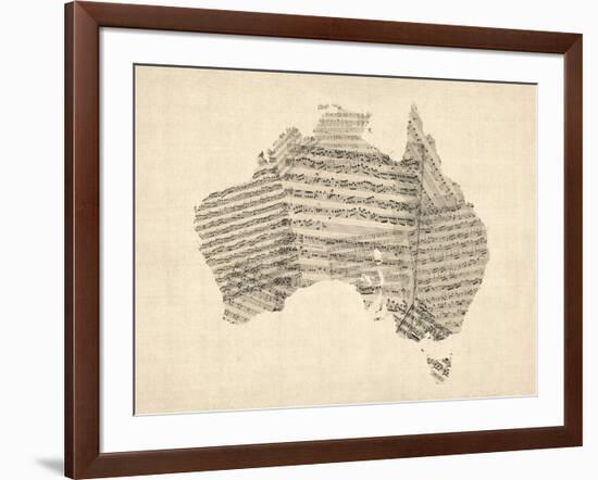 Old Sheet Music Map of Australia Map-Michael Tompsett-Framed Art Print