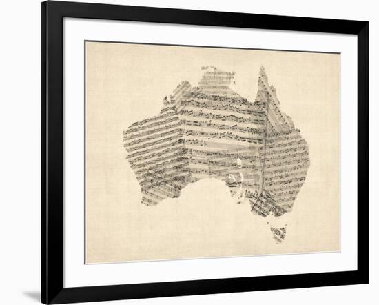 Old Sheet Music Map of Australia Map-Michael Tompsett-Framed Art Print