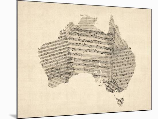 Old Sheet Music Map of Australia Map-Michael Tompsett-Mounted Art Print