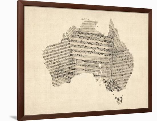 Old Sheet Music Map of Australia Map-Michael Tompsett-Framed Art Print