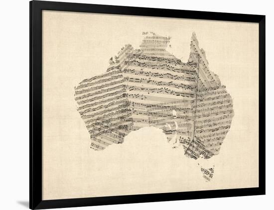 Old Sheet Music Map of Australia Map-Michael Tompsett-Framed Art Print