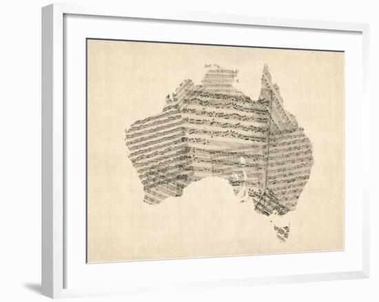 Old Sheet Music Map of Australia Map-Michael Tompsett-Framed Art Print