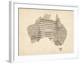 Old Sheet Music Map of Australia Map-Michael Tompsett-Framed Art Print