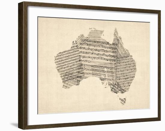Old Sheet Music Map of Australia Map-Michael Tompsett-Framed Art Print