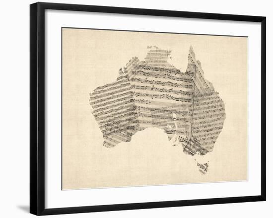 Old Sheet Music Map of Australia Map-Michael Tompsett-Framed Art Print