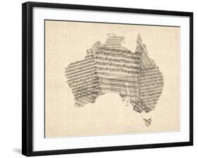 Old Sheet Music Map of Australia Map-Michael Tompsett-Framed Art Print