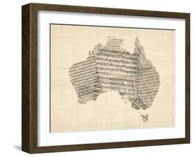 Old Sheet Music Map of Australia Map-Michael Tompsett-Framed Art Print