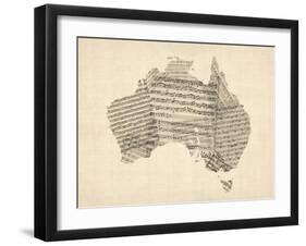 Old Sheet Music Map of Australia Map-Michael Tompsett-Framed Art Print