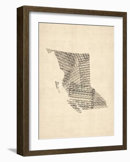 Old Sheet Music Map of British Columbia Canada-Michael Tompsett-Framed Art Print