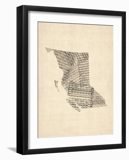 Old Sheet Music Map of British Columbia Canada-Michael Tompsett-Framed Art Print