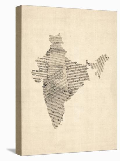 Old Sheet Music Map of India-Michael Tompsett-Stretched Canvas