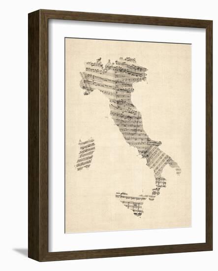 Old Sheet Music Map of Italy Map-Michael Tompsett-Framed Art Print