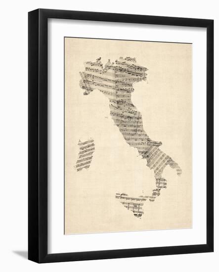 Old Sheet Music Map of Italy Map-Michael Tompsett-Framed Art Print