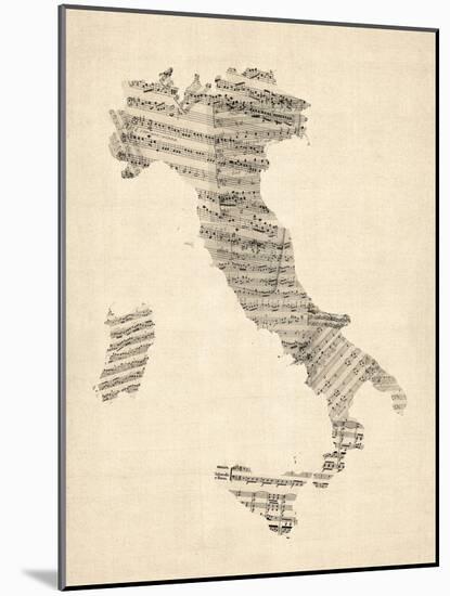 Old Sheet Music Map of Italy Map-Michael Tompsett-Mounted Art Print