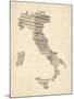 Old Sheet Music Map of Italy Map-Michael Tompsett-Mounted Art Print