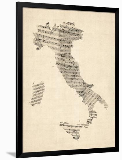 Old Sheet Music Map of Italy Map-Michael Tompsett-Framed Art Print