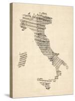 Old Sheet Music Map of Italy Map-Michael Tompsett-Stretched Canvas