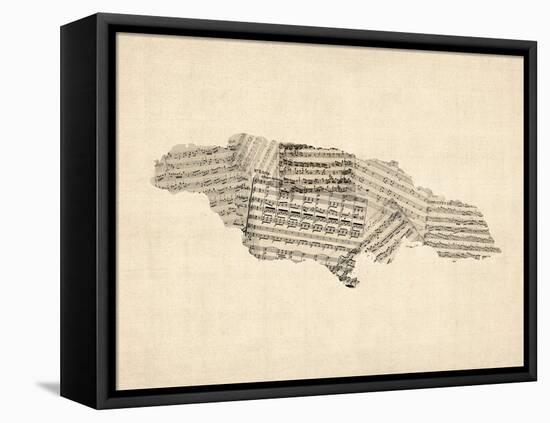 Old Sheet Music Map of Jamaica-Michael Tompsett-Framed Stretched Canvas