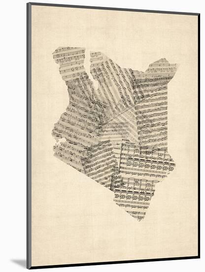 Old Sheet Music Map of Kenya Map-Michael Tompsett-Mounted Art Print