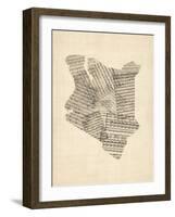 Old Sheet Music Map of Kenya Map-Michael Tompsett-Framed Art Print