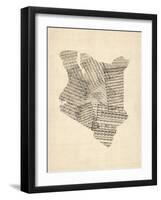 Old Sheet Music Map of Kenya Map-Michael Tompsett-Framed Art Print