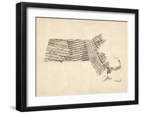 Old Sheet Music Map of Massachusetts-Michael Tompsett-Framed Art Print