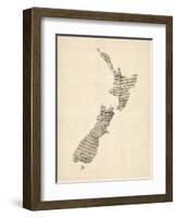 Old Sheet Music Map of New Zealand Map-Michael Tompsett-Framed Art Print