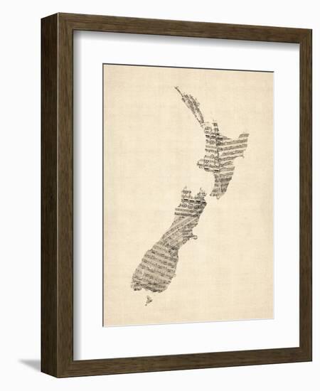 Old Sheet Music Map of New Zealand Map-Michael Tompsett-Framed Art Print