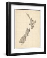 Old Sheet Music Map of New Zealand Map-Michael Tompsett-Framed Art Print