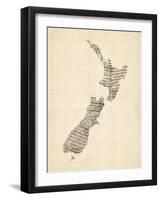 Old Sheet Music Map of New Zealand Map-Michael Tompsett-Framed Art Print