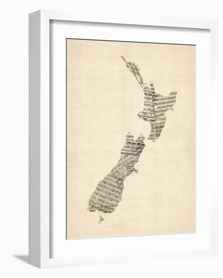 Old Sheet Music Map of New Zealand Map-Michael Tompsett-Framed Art Print