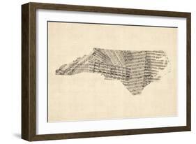 Old Sheet Music Map of North Carolina-Michael Tompsett-Framed Art Print