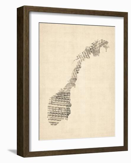 Old Sheet Music Map of Norway-Michael Tompsett-Framed Art Print