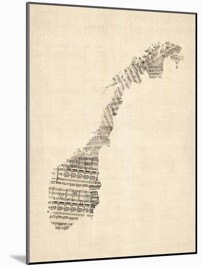 Old Sheet Music Map of Norway-Michael Tompsett-Mounted Art Print