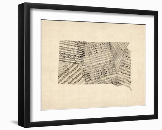 Old Sheet Music Map of South Dakota-Michael Tompsett-Framed Art Print