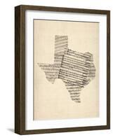 Old Sheet Music Map of Texas-Michael Tompsett-Framed Art Print