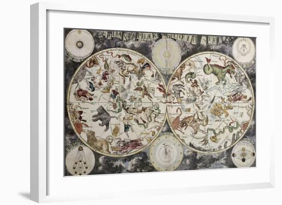 Old Sky Map Depicting Boreal And Austral Hemispheres With Constellations And Zodiac Signs-marzolino-Framed Art Print