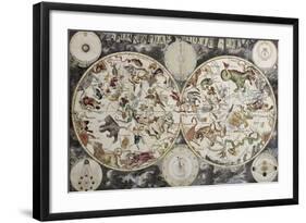 Old Sky Map Depicting Boreal And Austral Hemispheres With Constellations And Zodiac Signs-marzolino-Framed Art Print