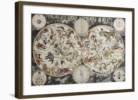 Old Sky Map Depicting Boreal And Austral Hemispheres With Constellations And Zodiac Signs-marzolino-Framed Art Print