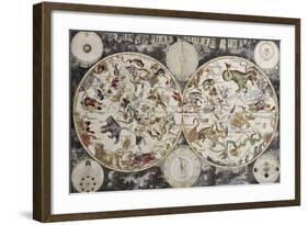 Old Sky Map Depicting Boreal And Austral Hemispheres With Constellations And Zodiac Signs-marzolino-Framed Art Print